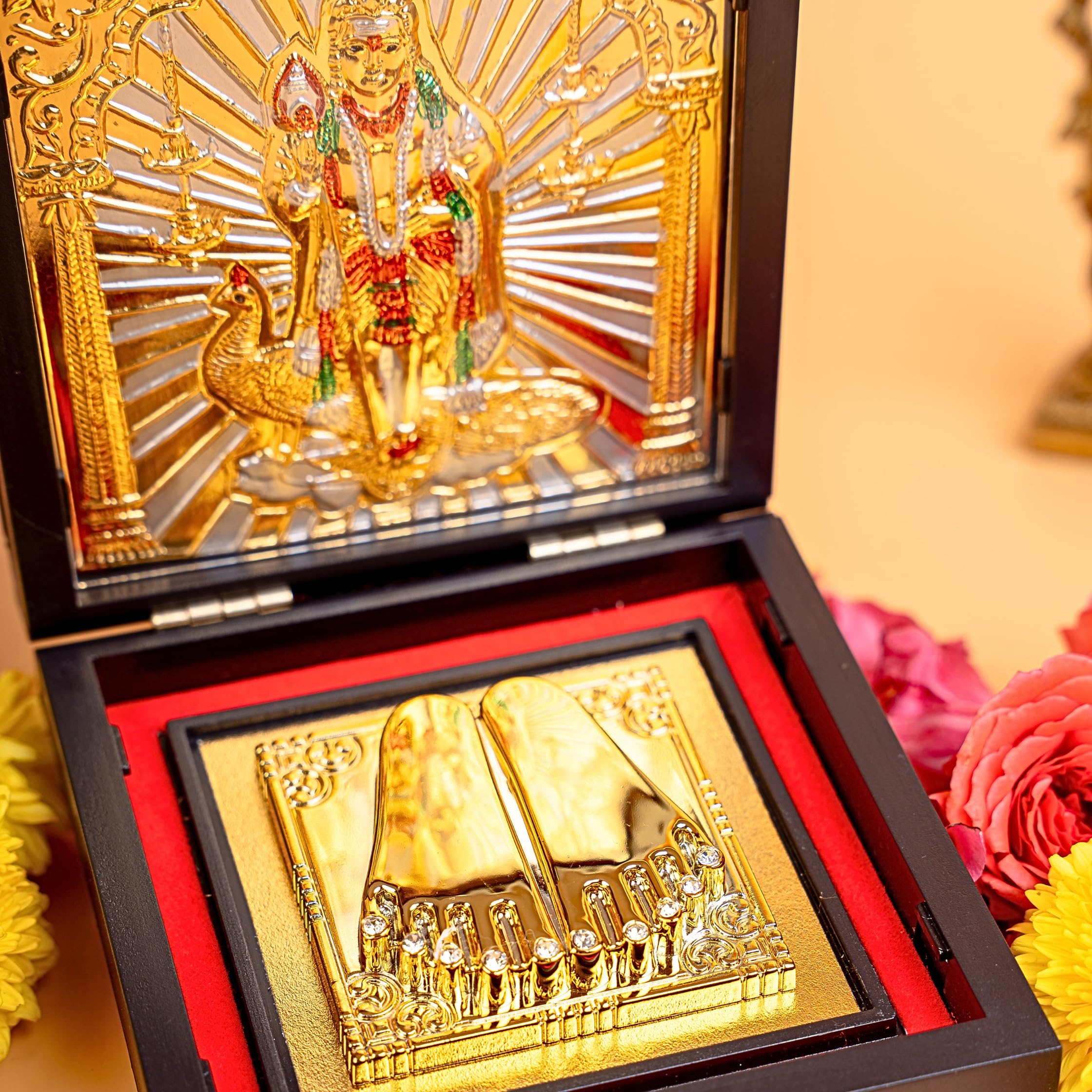 anciently Murugan Pocket Temple with Charan Paduka for Diwali Gift, House Warming Gifts, Return Gift Puja Box (Square Shaped, Gold Plated, 1 Piece)