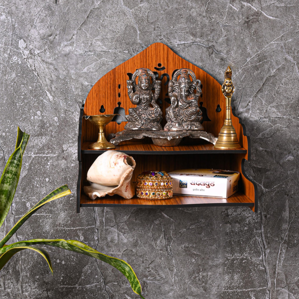 GOJEEVA KRAFT Engineered Wood Hand Crafted Carved Pattern Home Temple for Idols Temple for Home and Office I Kamal OM | Set Top Box Stand I Wooden Mandir (Pack of 1) (Medium)