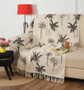 WEAVERS HUT Palm Tree Print Cotton Throw Blanket | Soft Lightweight Decorative Sofa & Bed Throw with Tassels | Beige & Black Woven Tropical Design, 125×150 cm (50×60 Inches) Kafalo