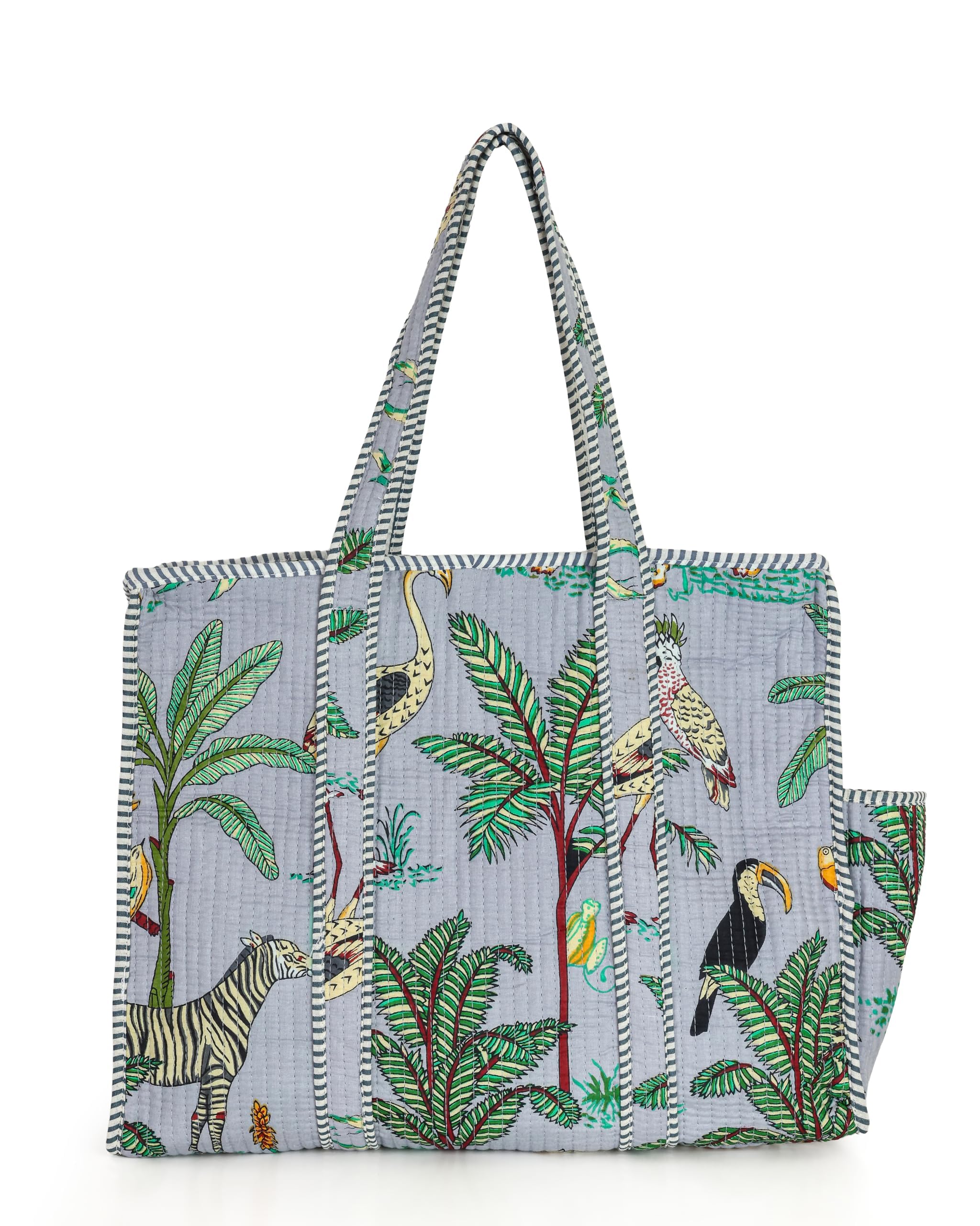 NIKAVIK Quilted Cotton Tote bag – Exotic Animal Print Foldable and Ideal for Travel Shopping Beach Trips or Daily Essentials (Grey)