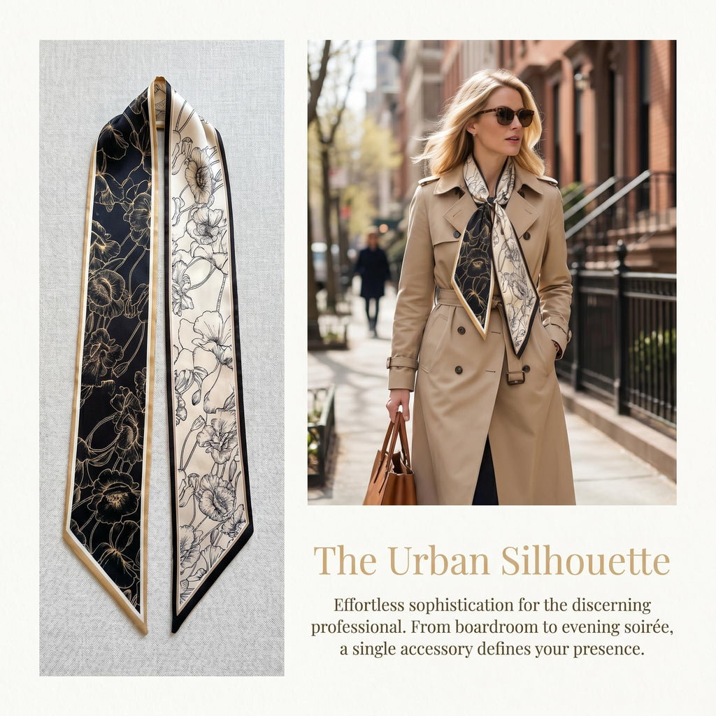 Aeenioy Silk Scarf for Women Stylish, Head Scarf for Women with Black Gold Poppy Print, Satin Scarf for Daily Outfit Enhancement and Formal Events, Versatile Fashion Accessory for All Seasons
