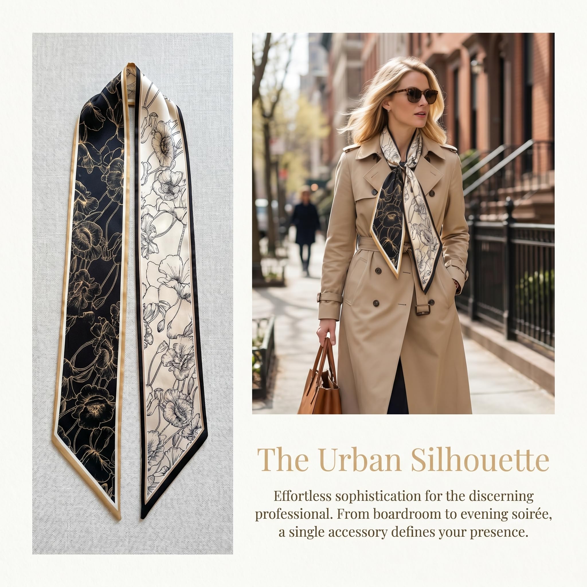 Aeenioy Silk Scarf for Women Stylish, Head Scarf for Women with Black Gold Poppy Print, Satin Scarf for Daily Outfit Enhancement and Formal Events, Versatile Fashion Accessory for All Seasons