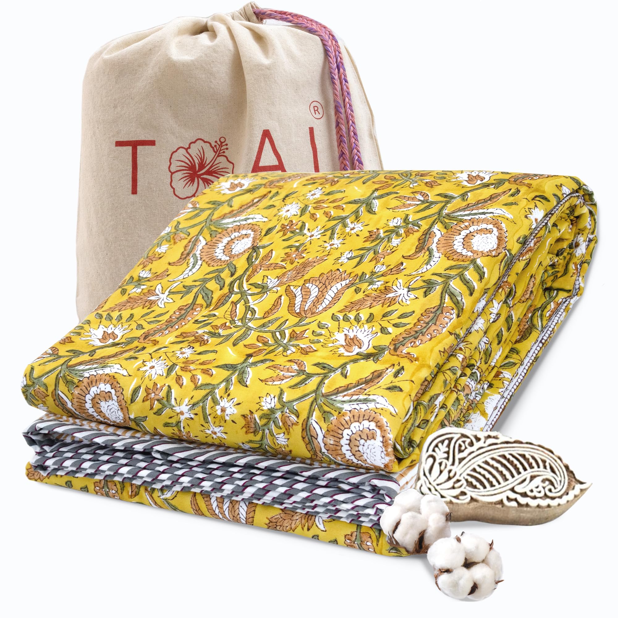 TOAIArt Premium Jaipuri Dohar | AC Blanket Summer Quilt | Hand Block Printed | 3 Layers | Reversible | 150GSM 100% Mulmul Cotton | 100% Cotton Flannel Filling | Single 60 X 90|MohanVan Kafalo