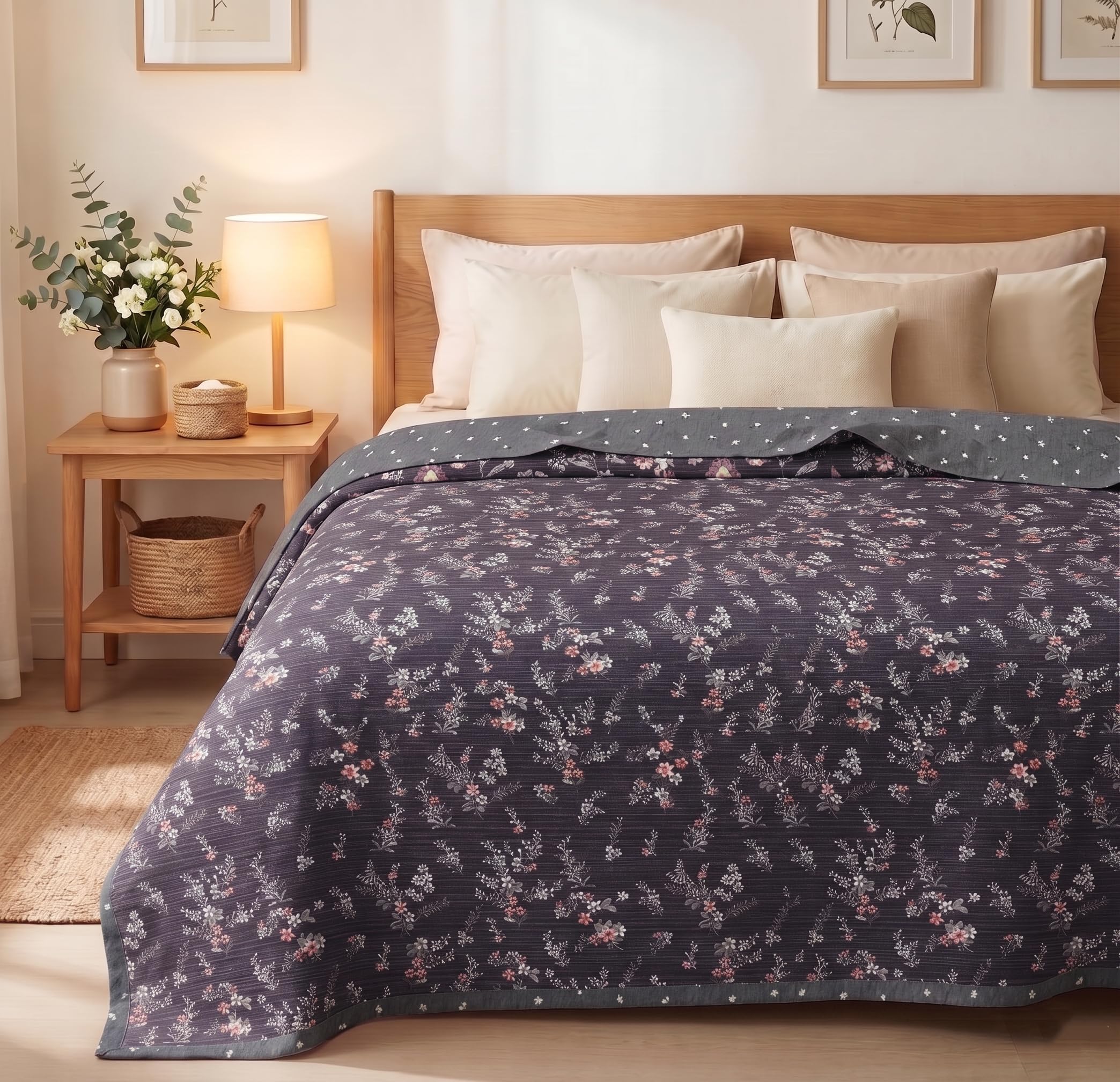 VAS COLLECTIONS Cotton AC Blanket for Double Bed (220×230 cm) | Reversible Soft Lightweight All-Season Blanket | Skin-Friendly & Breathable Comforter (Blush Blue) Kafalo