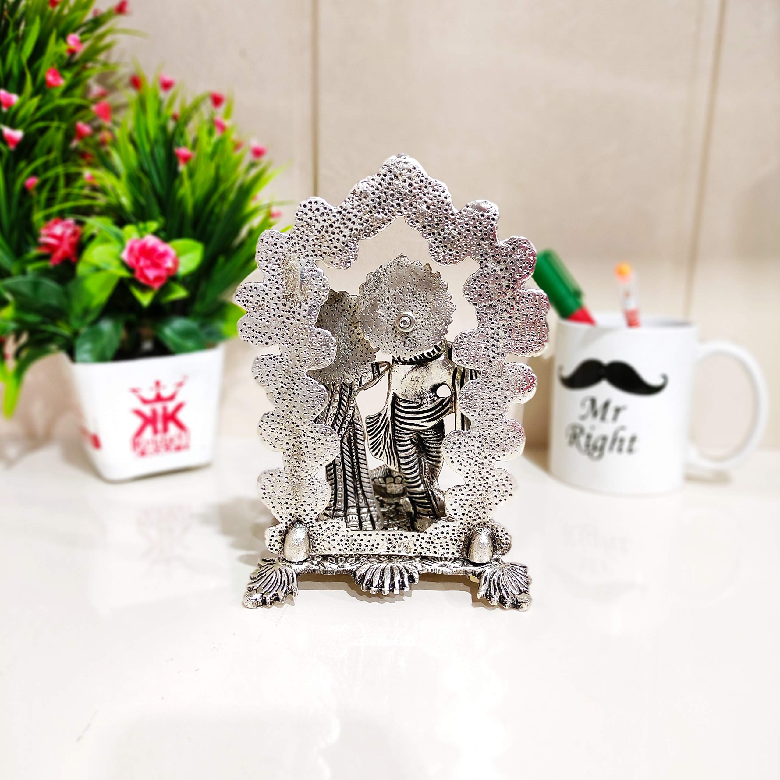 KridayKraft Metal Radha Krishna Idol Statue with Silver Antique Finish so Looks Very Beautiful and use for the Purpose of Worship and Decorative for Home,Office&Table Gift for Birthday