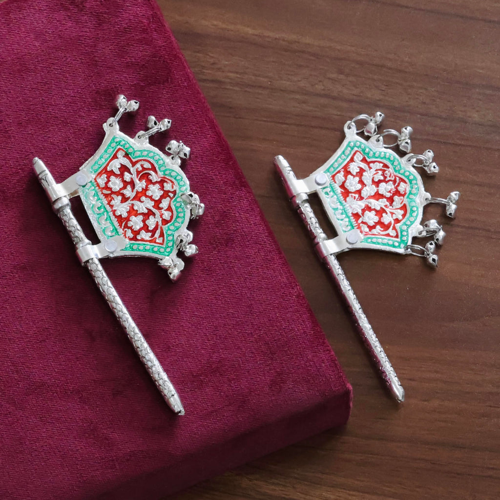 Traditional God Fan, Silver-Plated Metal with Red and Green Enamel Work,Metal Hand Fan for God Idol Pankhi with Mennakari