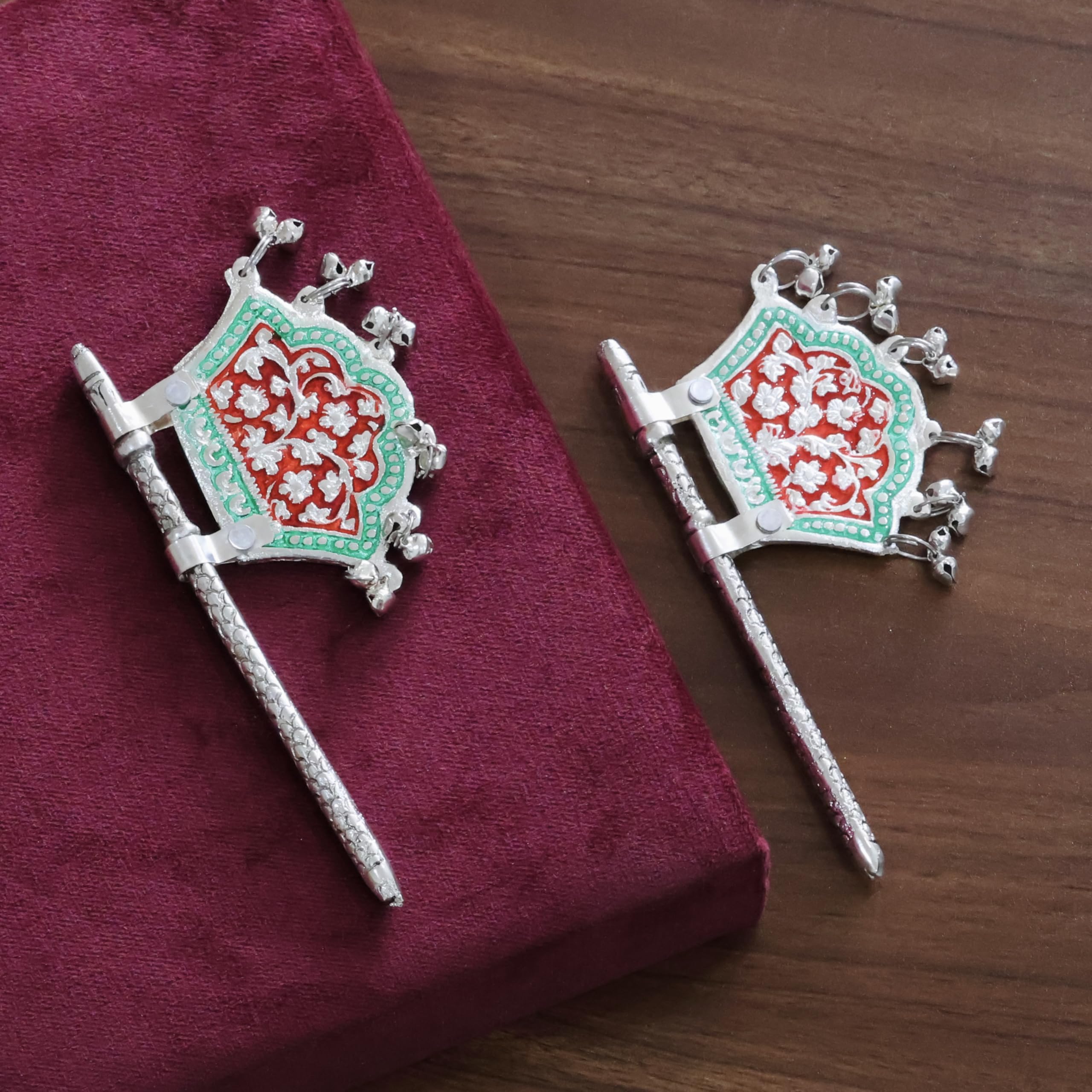 Traditional God Fan, Silver-Plated Metal with Red and Green Enamel Work,Metal Hand Fan for God Idol Pankhi with Mennakari