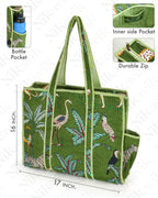 NIKAVIK 1 Tote Bags and 3 Pouch Quilted fabric Handblock Printed Tote Bag(with zip) and bottle compartment with Matching Pouches (Green)