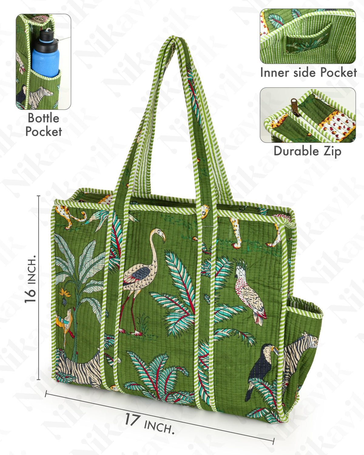 NIKAVIK 1 Tote Bags and 3 Pouch Quilted fabric Handblock Printed Tote Bag(with zip) and bottle compartment with Matching Pouches (Green)