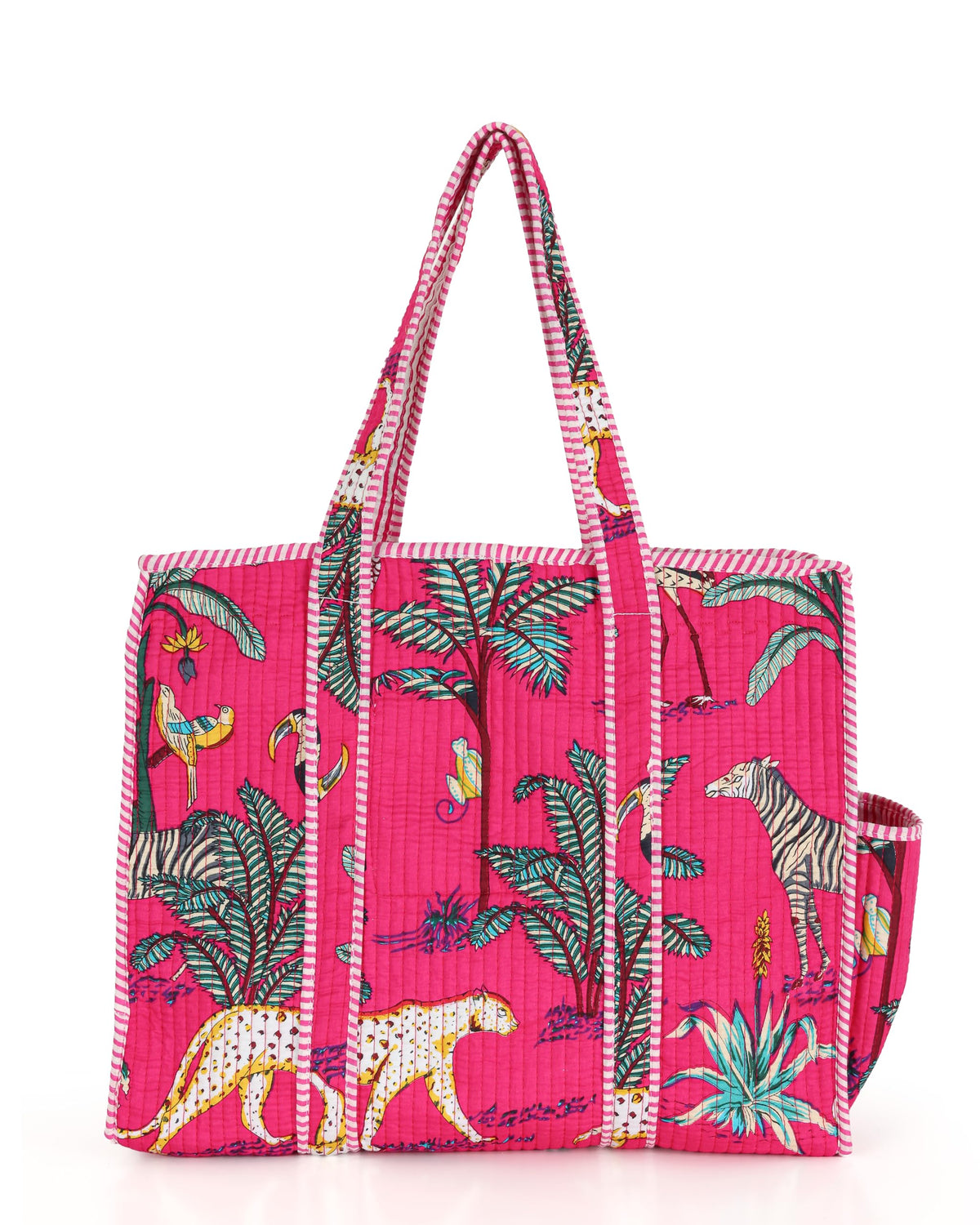 NIKAVIK Quilted Cotton Tote – Exotic Animal Print Foldable and Ideal for Travel Shopping Beach Trips or Daily Essentials (Pink)