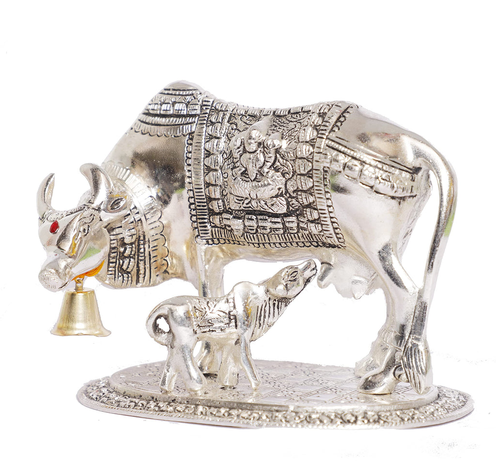 KridayKraft Kamdhenu Cow with Calf Metal Statue for Good Luck, Feng Shui As Table Top Figurine, Vastu, Religious Gau Mata Idol Home, Office and Table Decorative (Silver, Standard)