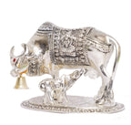 KridayKraft Kamdhenu Cow with Calf Metal Statue for Good Luck, Feng Shui As Table Top Figurine, Vastu, Religious Gau Mata Idol Home, Office and Table Decorative (Silver, Standard)