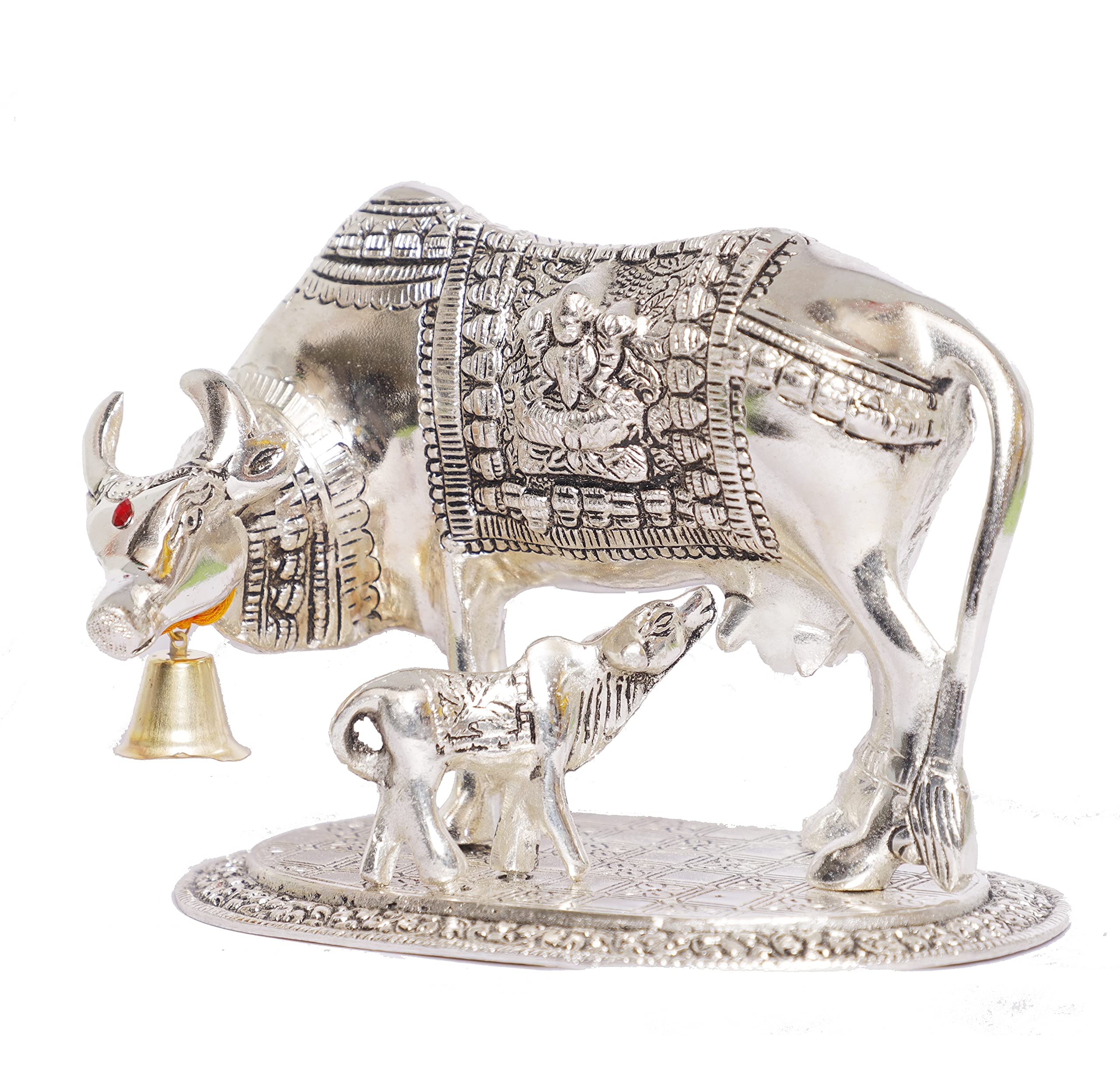 Prince Home Decor & Gifts Metal Kamdhenu Cow with Calf Statue (Silver)