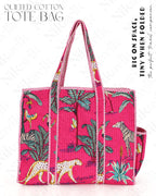 NIKAVIK Quilted Cotton Tote – Exotic Animal Print Foldable and Ideal for Travel Shopping Beach Trips or Daily Essentials (Pink)