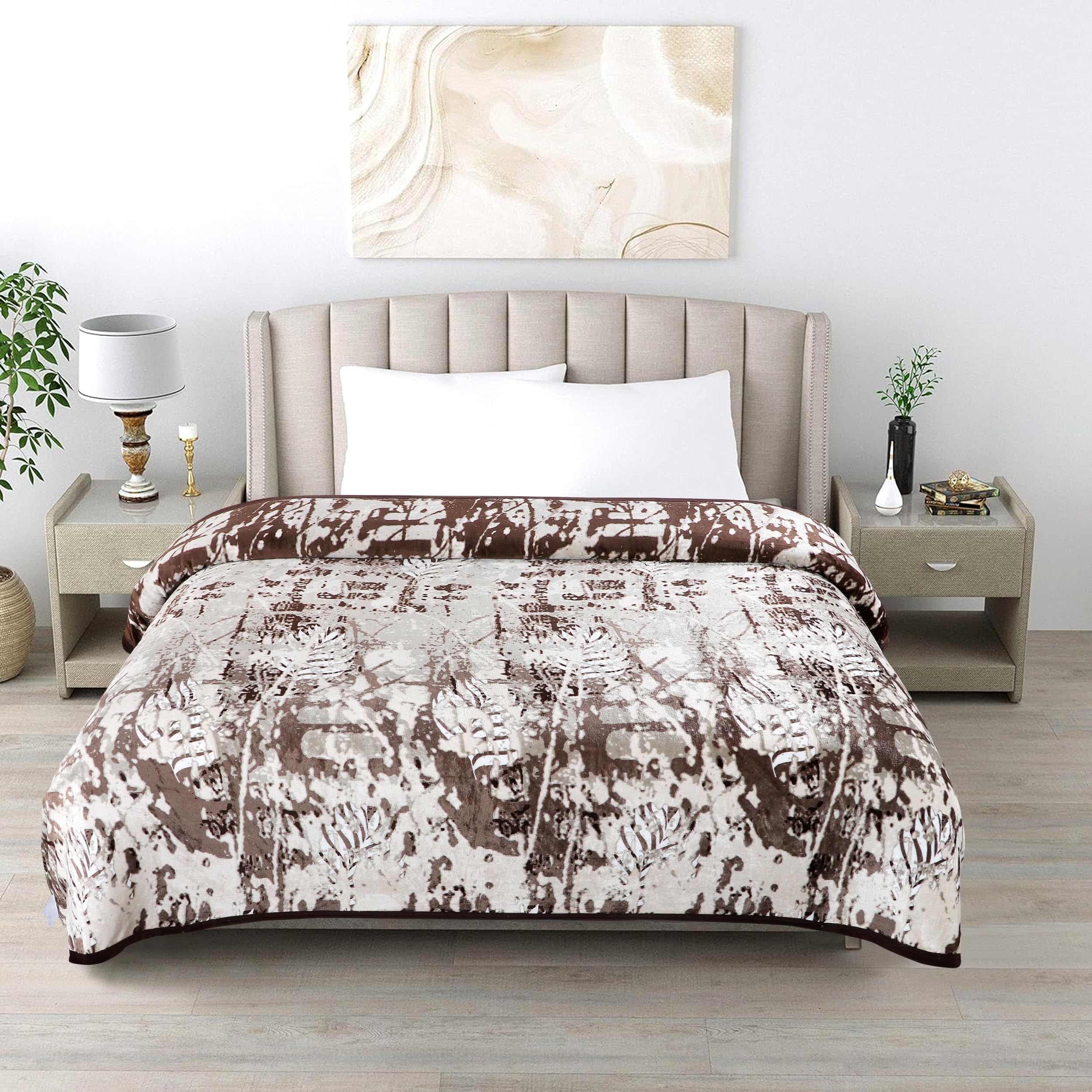 Gullivar Ultra Soft Flannel Printed Double Blanket 220x240 cm | 200 GSM Warm & Cozy All Season AC Blanket for Winter| Duvet/Quilt Throw for Bedroom & Living Room- Beige & White Kafalo