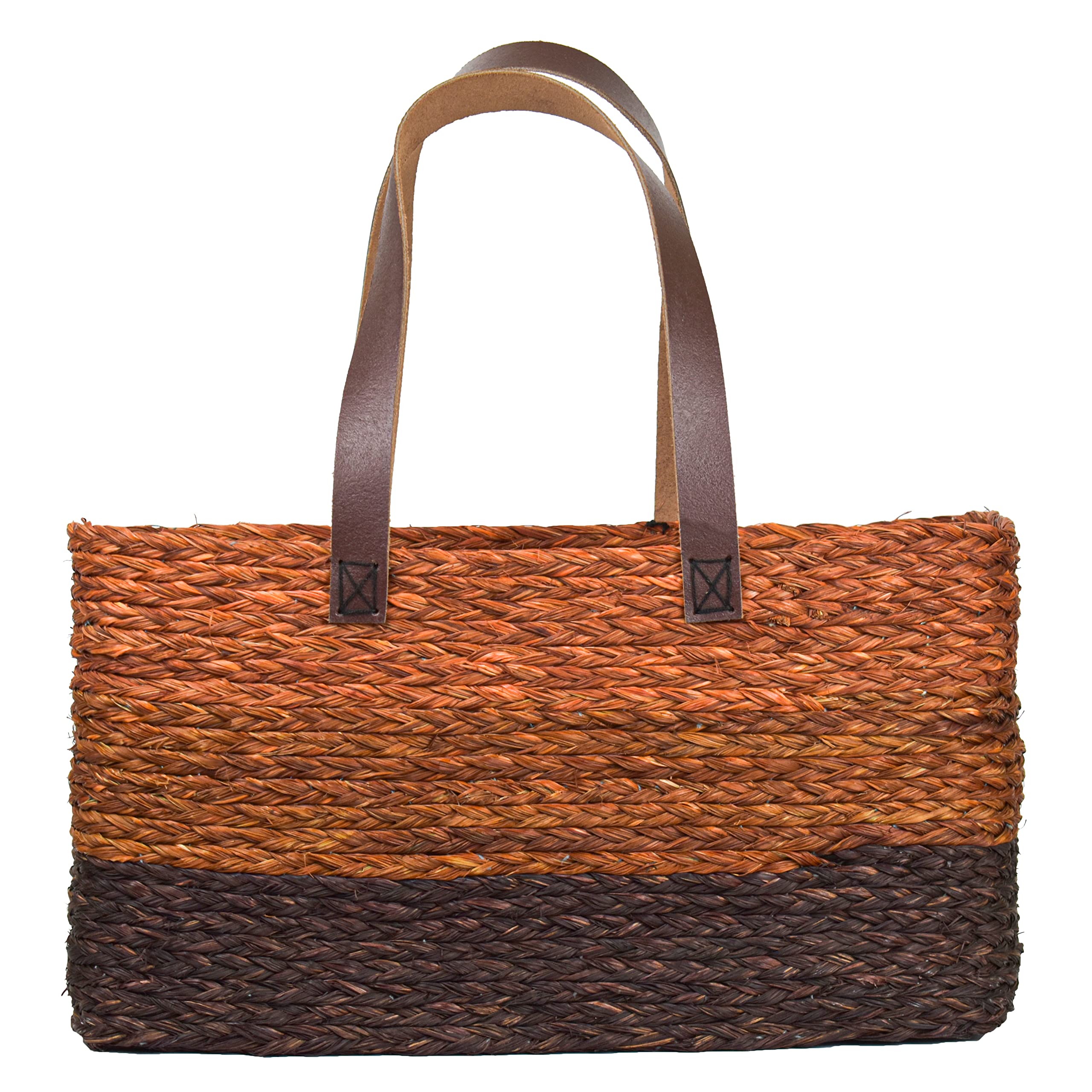 KADAM HAAT Shopper Bag With Leather Handle| Sabai Grass Handmade Stylish Eco-Friendly Multipurpose HandBag for Women| Suitable for Travel or Work (Orange)