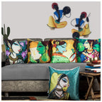 Vendola Printed Satin Sofa Cushion Covers Set of 5 16 inch x 16 inch, Orange & Blue Throw Pillow Covers for Sofa, Decorative Cushion Covers for Living Room, Bedroom, Couch, (Maharastrian, 16x16)