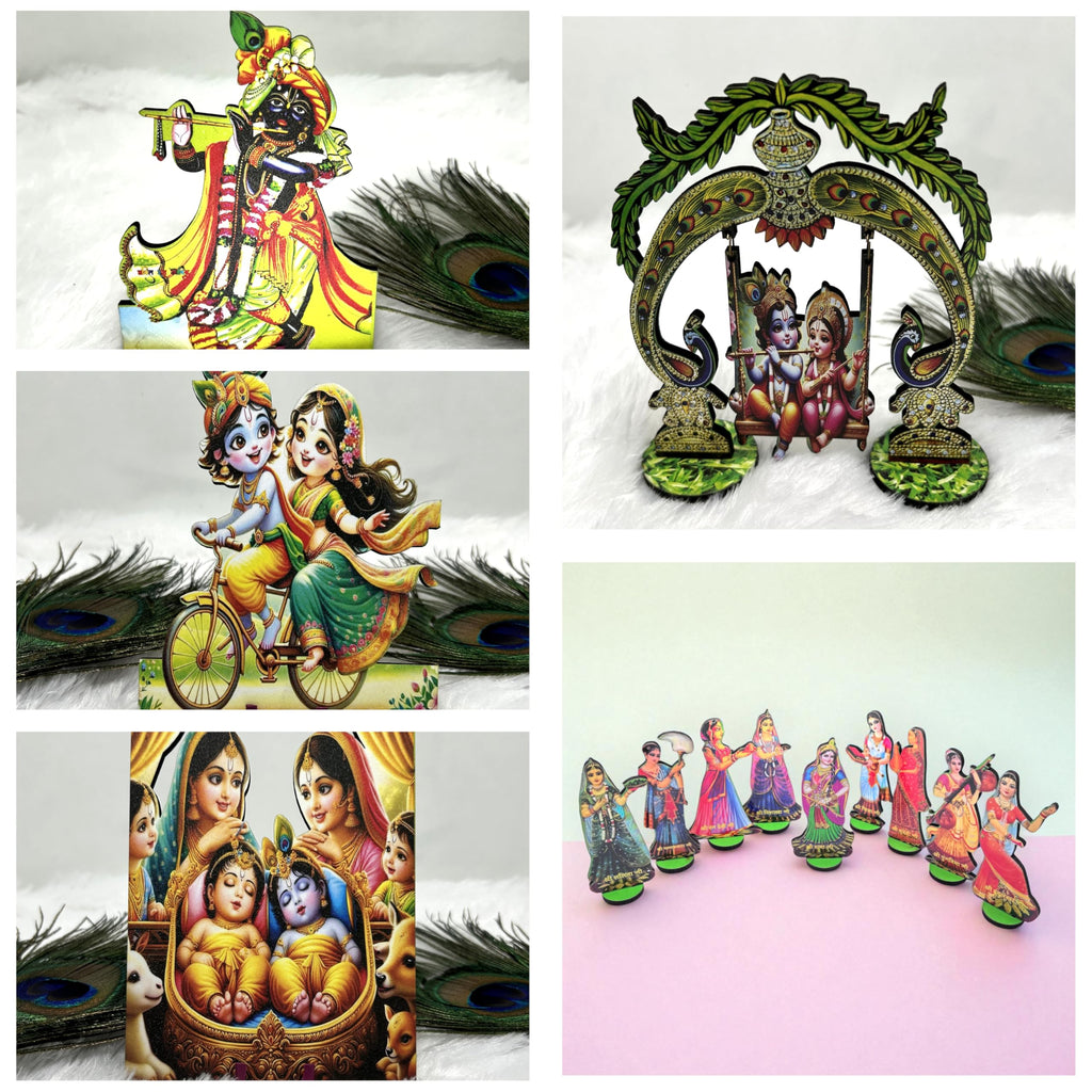 Beautiful Decoatives for Home Temple, Set of 5 Decorative Pieces with 8 AST Sakhi for Radha Krishna. Janmashtami Special.