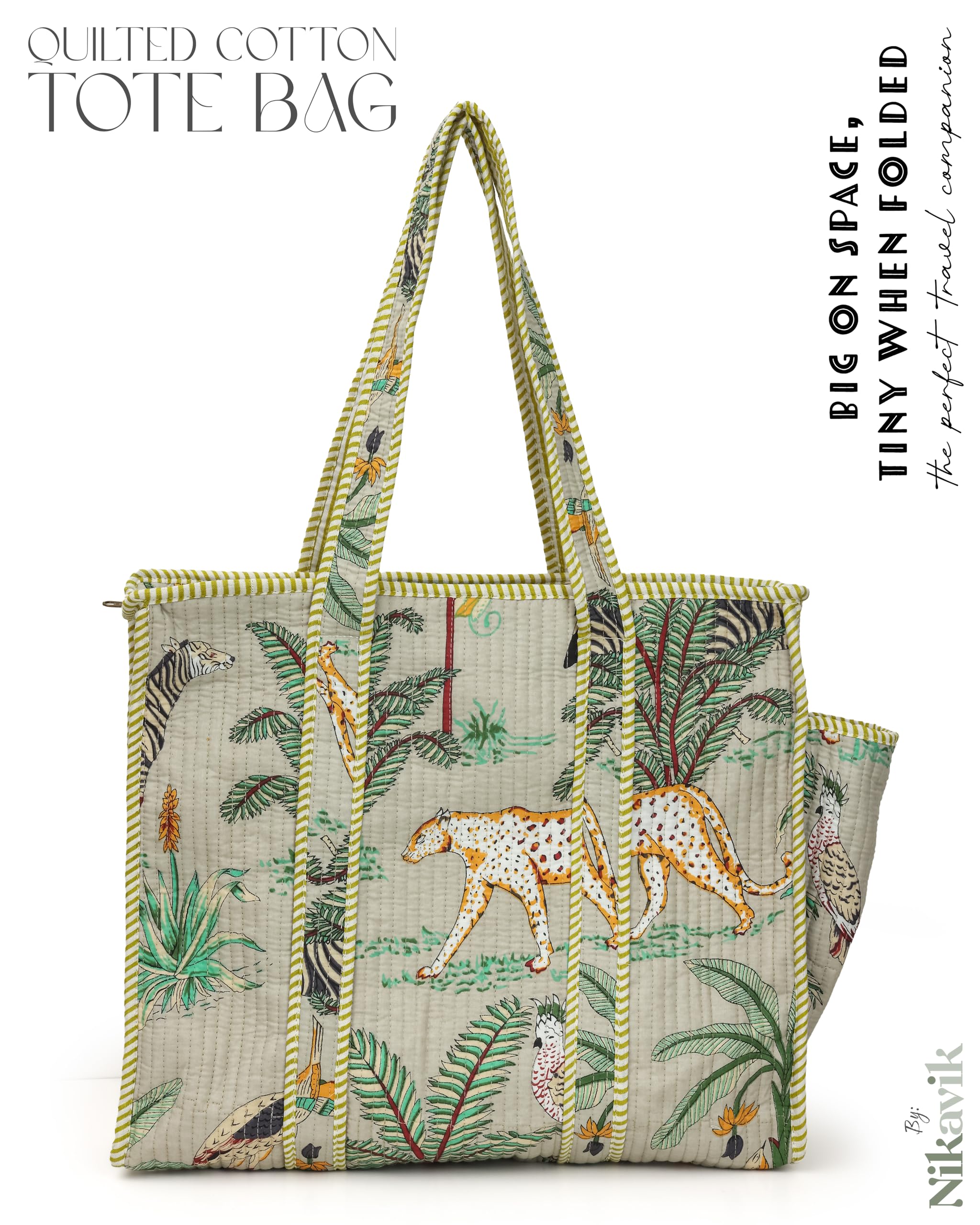 NIKAVIK Quilted Cotton Tote bag – Exotic Animal Print Foldable and Ideal for Travel Shopping Beach Trips or Daily Essentials (Beige)