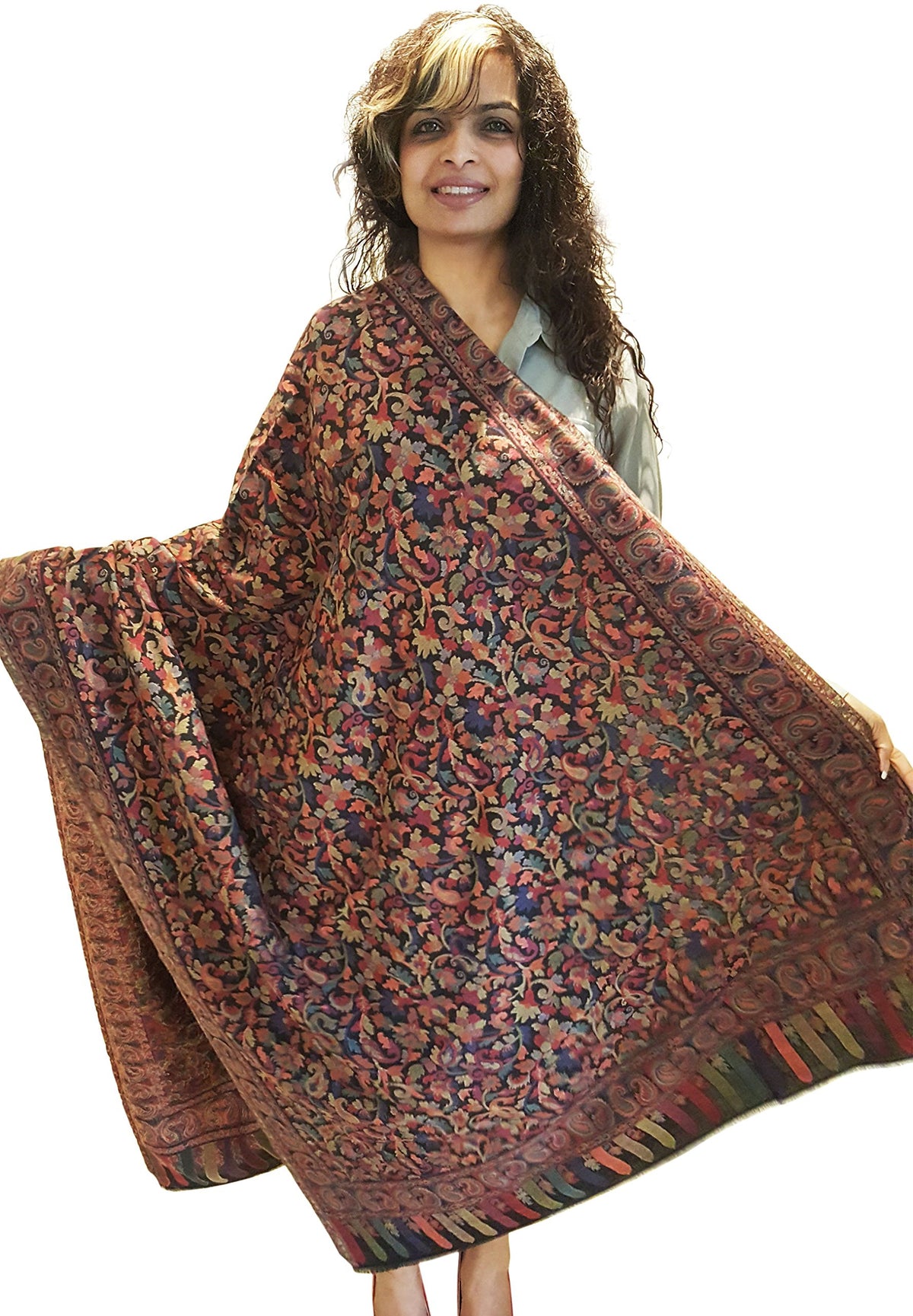 Mehrunnisa Jamawar Kani 100% Pure Wool Shawl Wrap From Kashmir (Black)