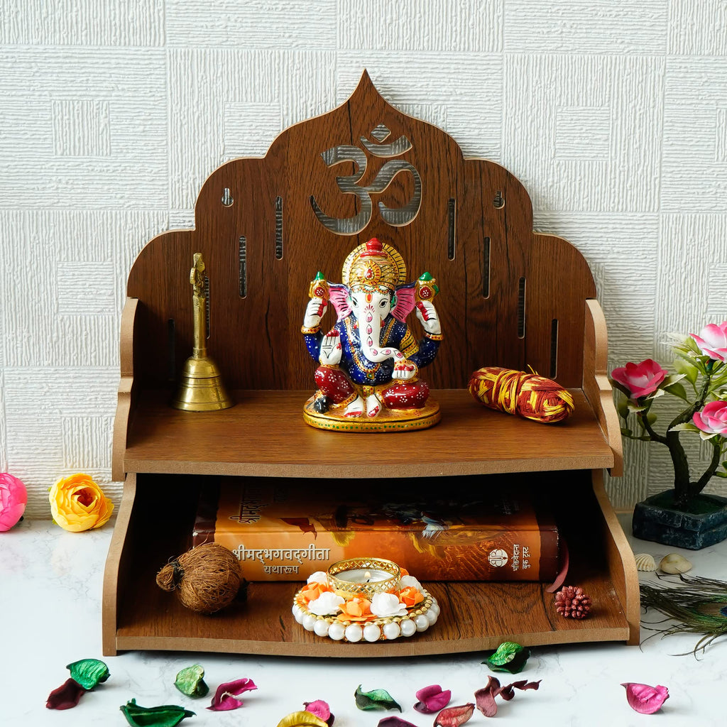 eCraftIndia Om Symbol Decorative Wooden Pooja Temple with Shelf | Wooden Temple for Home Wall Hanging | Home Temple Pooja Mandir | Diwali Gifts for Family Friends