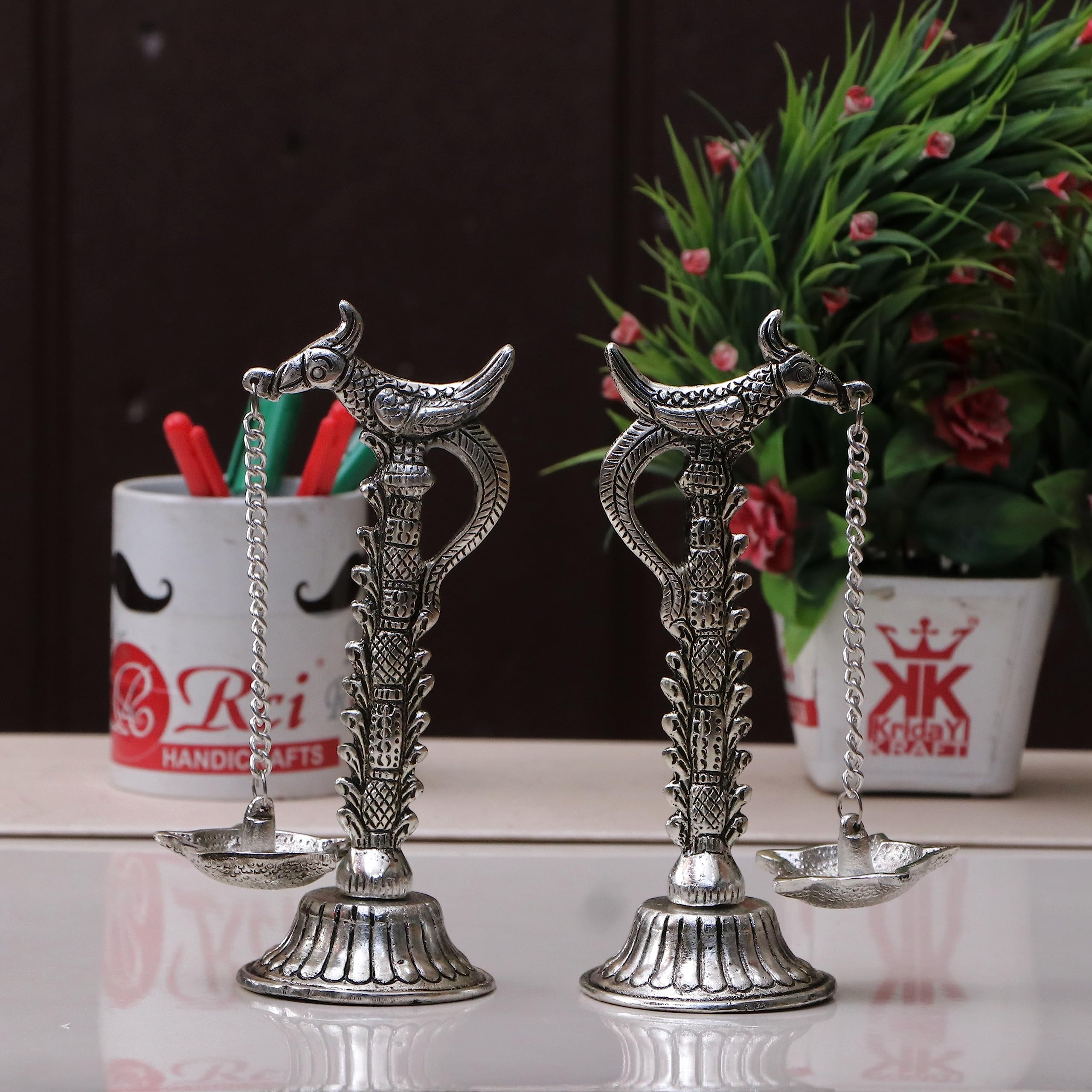 Parrot Design Metal Hanging with Chain Diya Pair of Parrot Design