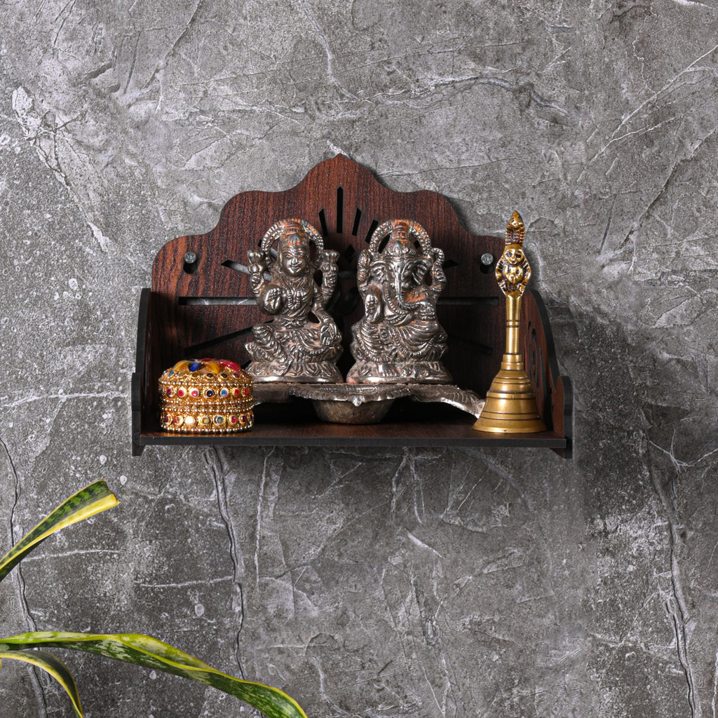 GOJEEVA KRAFT Engineered Wood Hand Crafted Carved Pattern Home Temple for Idols Temple for Home and Office I OM Carved | Set Top Box Stand I Wooden Mandir (Pack of 1) (Medium)