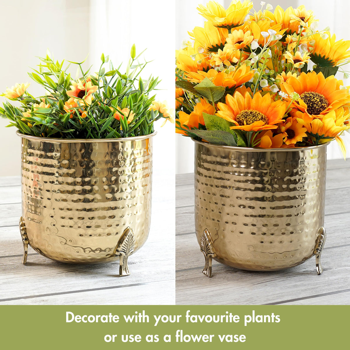 BEHOMA Metal Hammered Planter for Home Decor, Golden - Set of 2