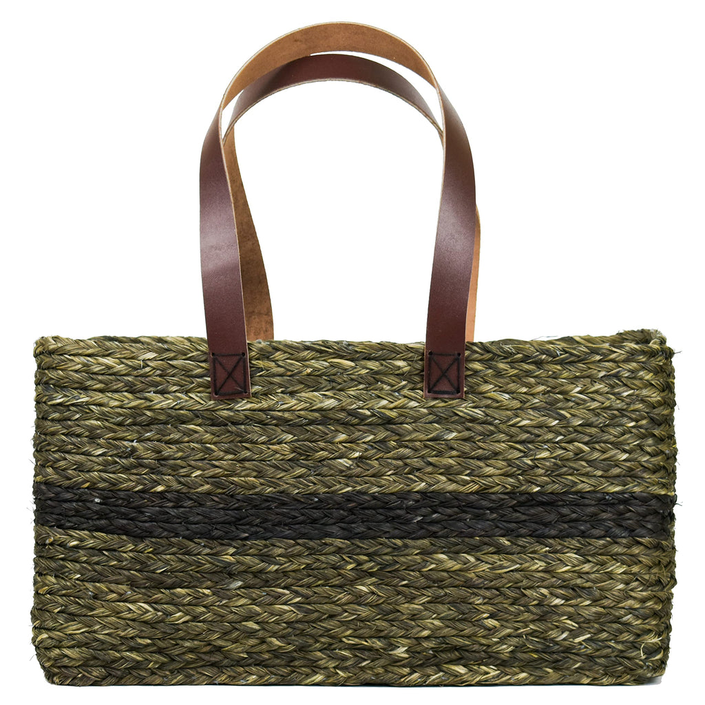 KADAM HAAT Shopper Bag With Leather Handle | Sabai Grass Handmade Stylish Eco-Friendly Multipurpose Babui HandBag for Women | Suitable for Travel or Work (Black)