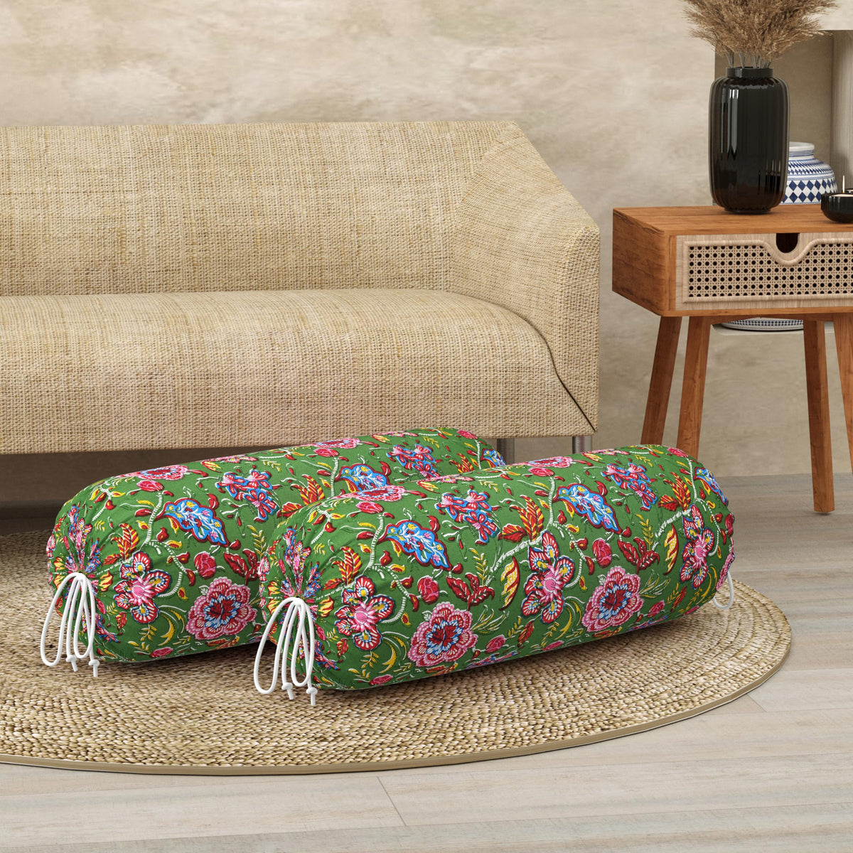 BLOCKS OF INDIA Cotton Hand Block Printed Bolster Cover | Booster Cover with Drawstring | Round Long Pillow Cover for Bed | Dewan Pillow Cover Set 16 X 32 | Set of 2 (Green JAAL)