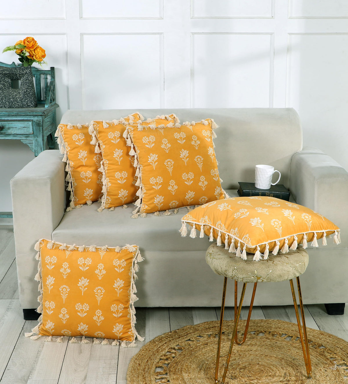 ishro home Premium Cushion Cover 18 inch x 18 inch | Set of 5 – Soft European Standard Fabric, Frill Design, Machine Washable | (5, Tulip Mustard, 18x18 Inch)