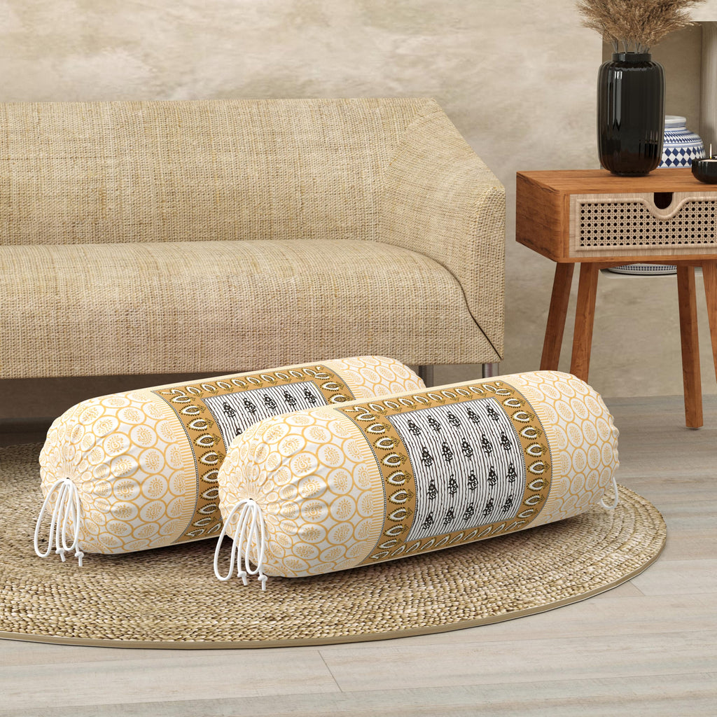 BLOCKS OF INDIA Cotton Hand Block Printed Bolster Cover | Booster Cover with Drawstring | Round Long Pillow Cover for Bed | Dewan Pillow Cover Set 16 X 32 | Set of 2 (Color 36)