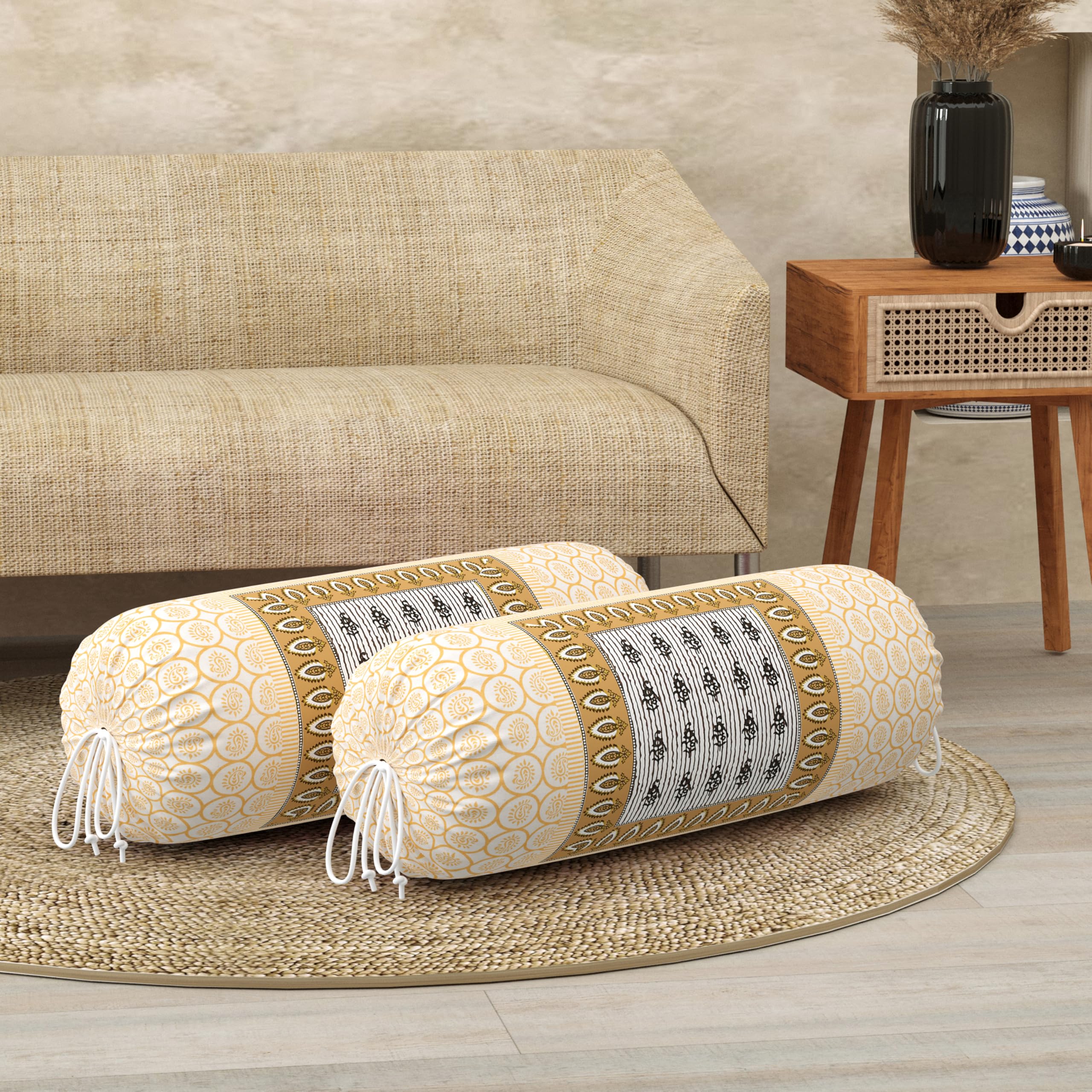 BLOCKS OF INDIA Cotton Hand Block Printed Bolster Cover | Booster Cover with Drawstring | Round Long Pillow Cover for Bed | Dewan Pillow Cover Set 16 X 32 | Set of 2 (Color 36)