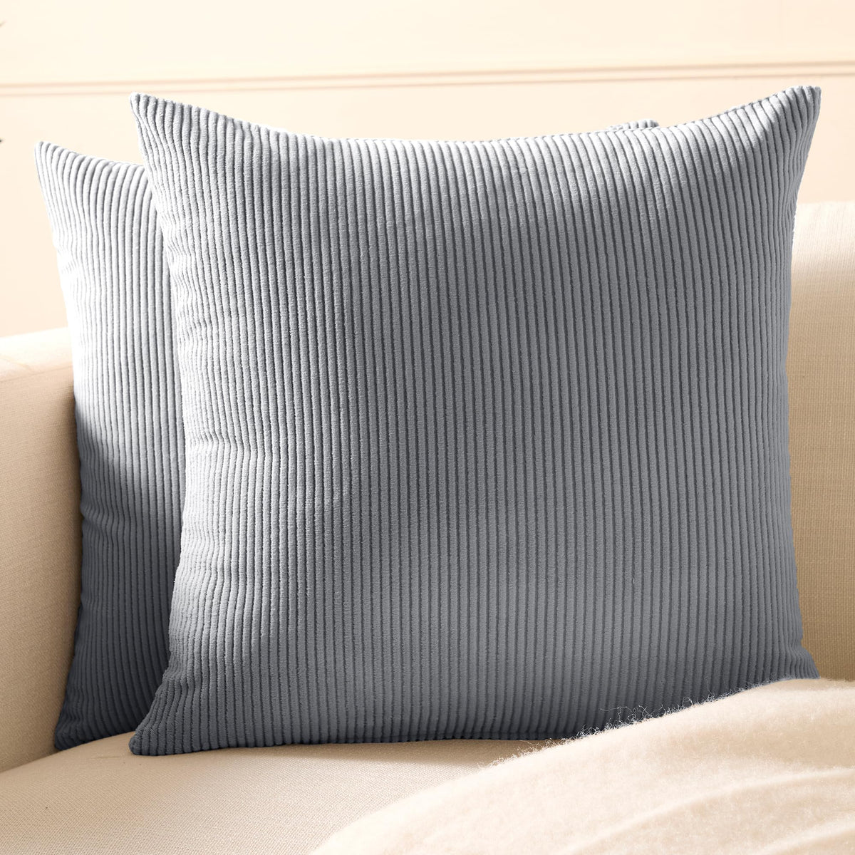 Encasa XO Corduroy Cushion Covers, No Inserts, Set of 2, Blue Grey