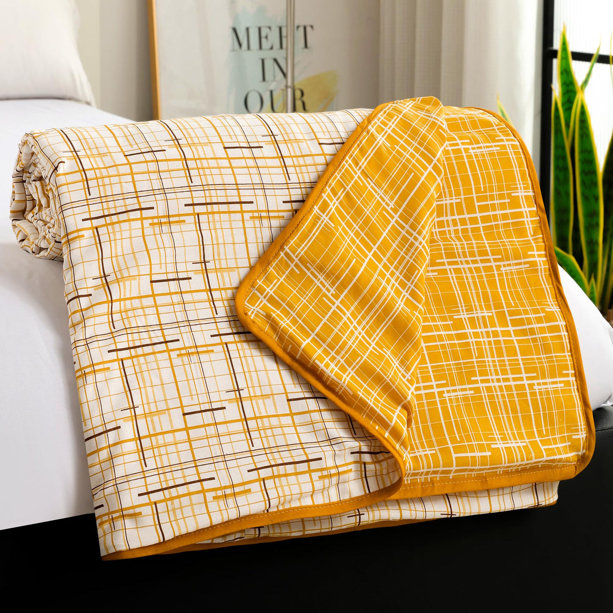 Story@Home Dohar Double Bed Cotton 100% | 150GSM 225 x240 cm Quilt AC Blanket for Summer | AC Comforter Double Bed | Yellow & White, Criss Cross Reversible Design Duvet | All-Season Blanket Kafalo