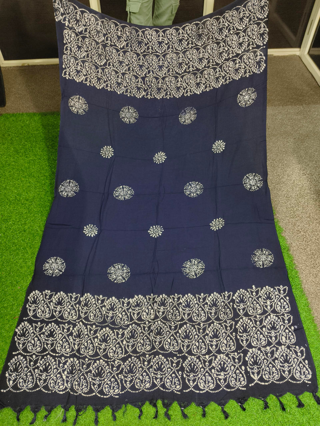 AARKRI SALES Cotton Long Scarf Cum Mask Scarves Usable for Vehicle Driver | White Printed Design | Universal Size | For Girl & Women | Sun Protection Light Weight (Wex Batik - Navy Blue)