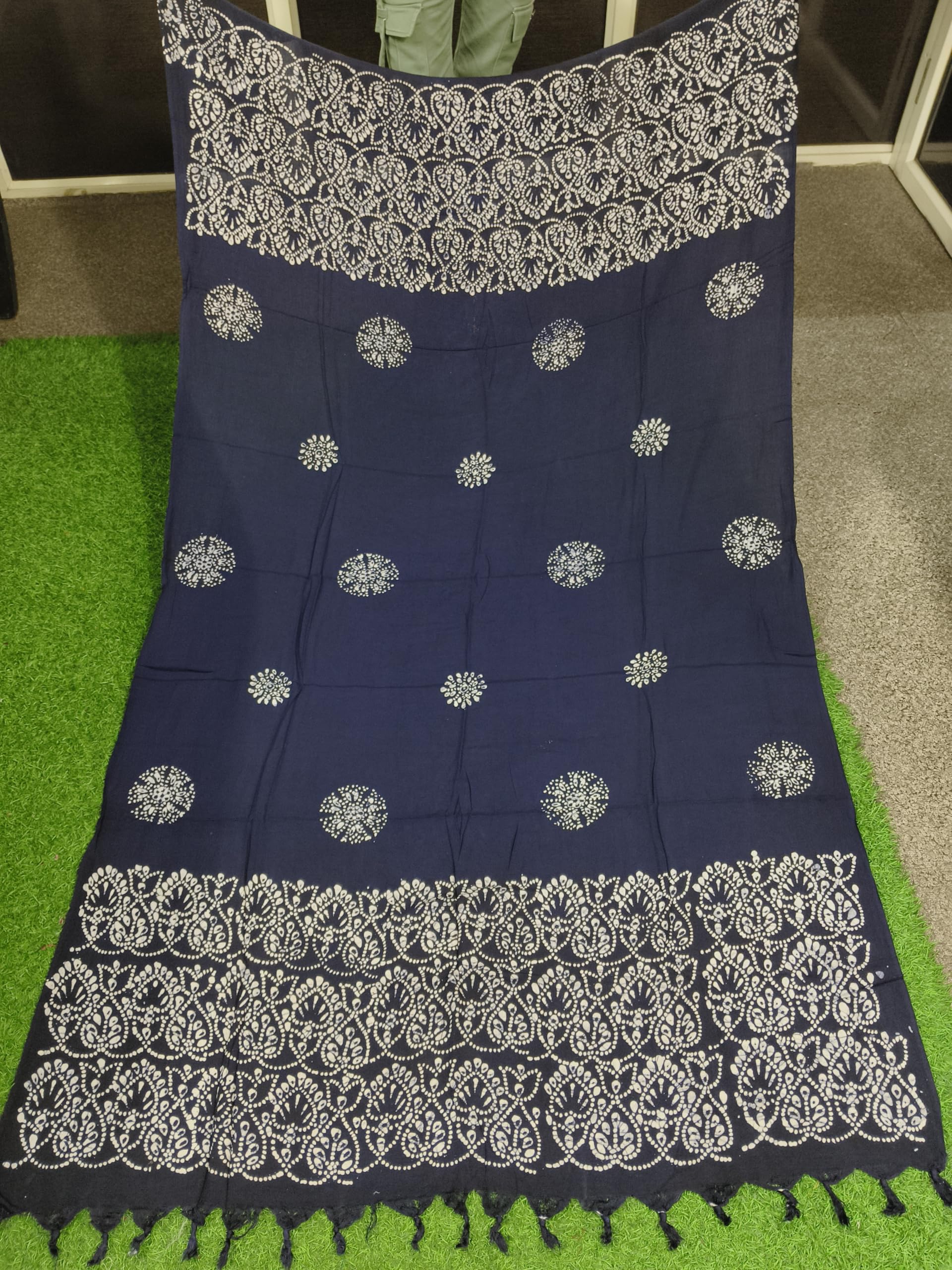 AARKRI SALES Cotton Long Scarf Cum Mask Scarves Usable for Vehicle Driver | White Printed Design | Universal Size | For Girl & Women | Sun Protection Light Weight (Wex Batik - Navy Blue)
