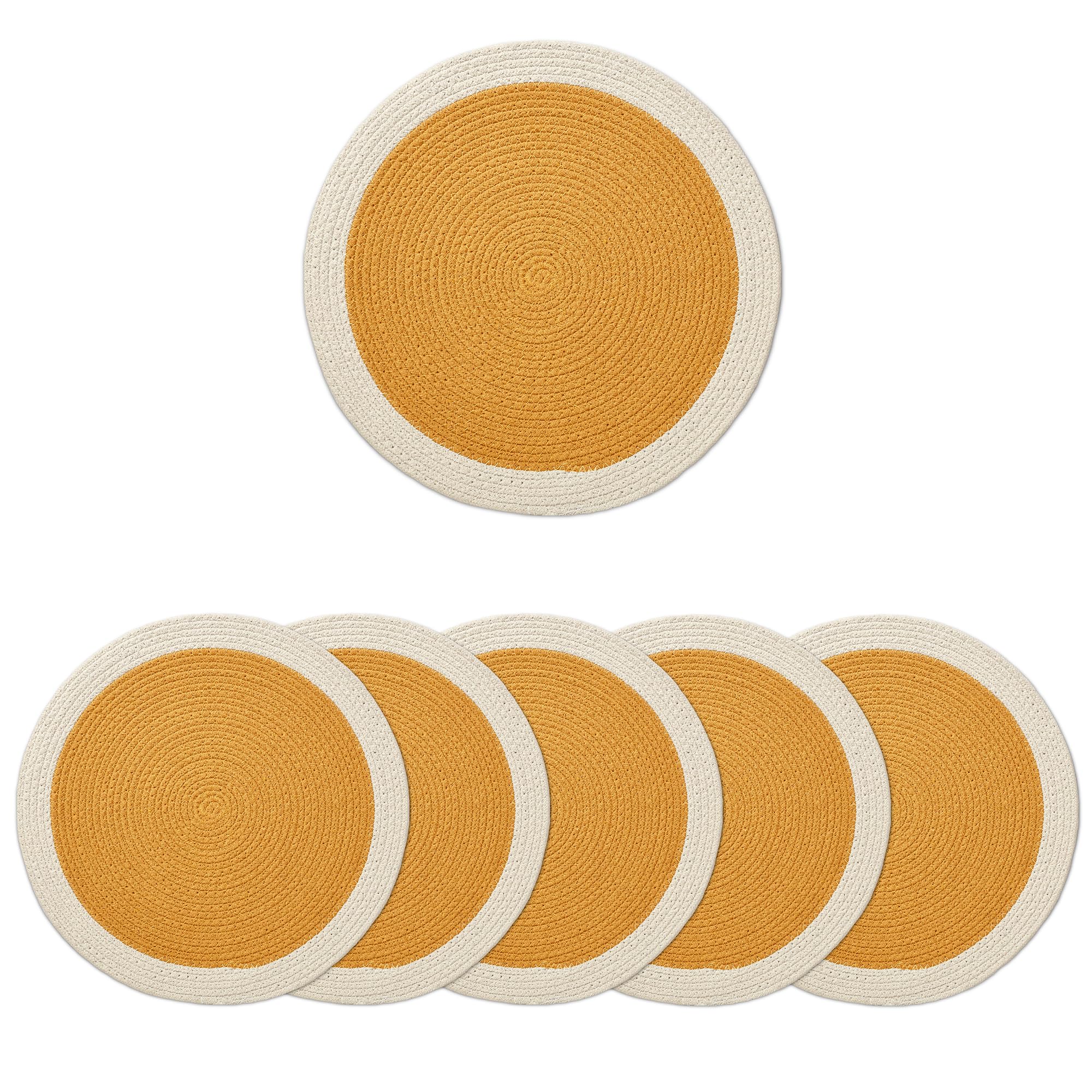 Encasa XO Dining Table Mats, Round Ribbed Cotton, Heat Resistant Yellow Kafalo