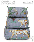 NIKAVIK 1 Tote Bags and 3 Pouch Quilted fabric Handblock Printed Tote Bag(with zip) and bottle compartment with Matching Pouches (Grey)