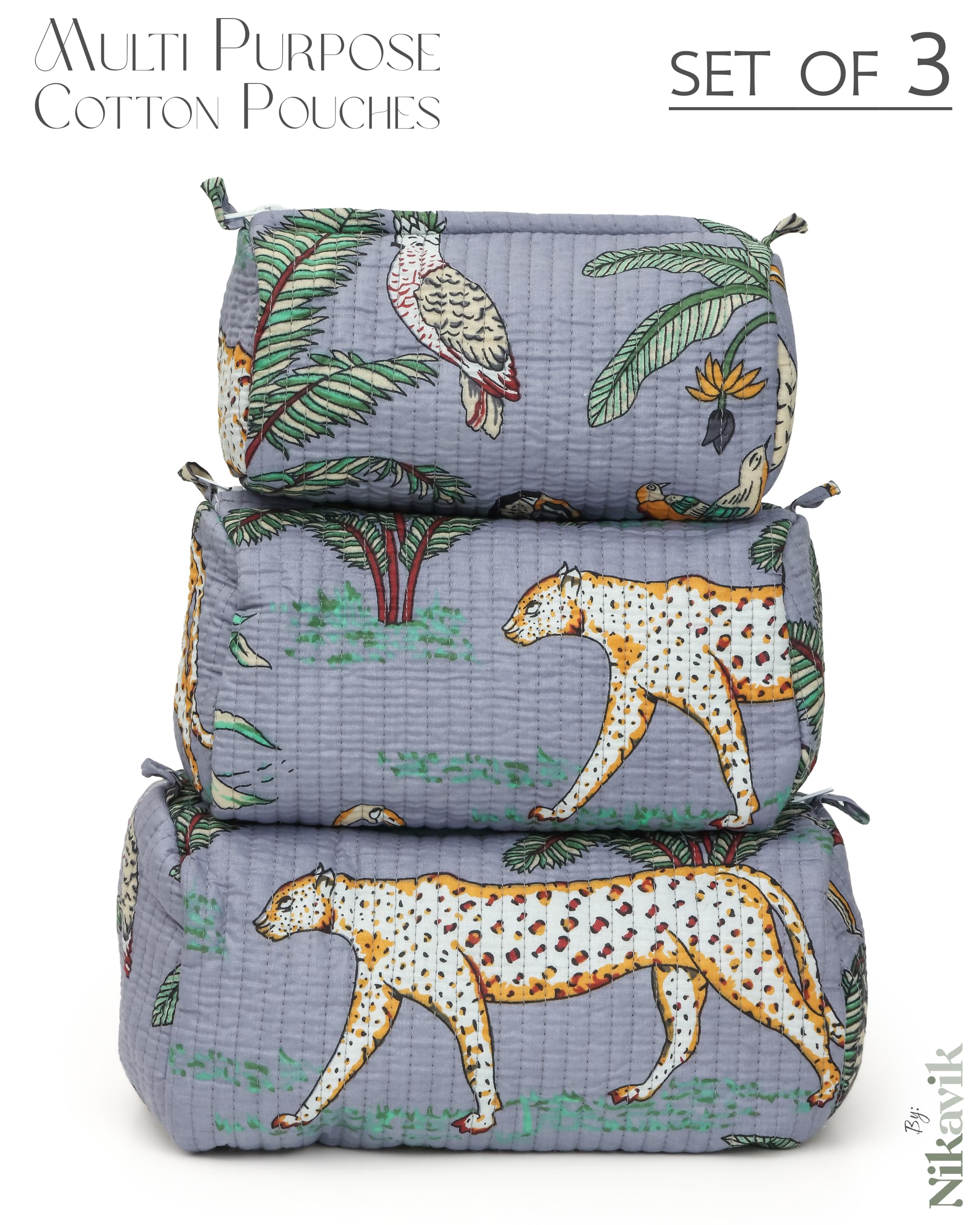 NIKAVIK 1 Tote Bags and 3 Pouch Quilted fabric Handblock Printed Tote Bag(with zip) and bottle compartment with Matching Pouches (Grey)