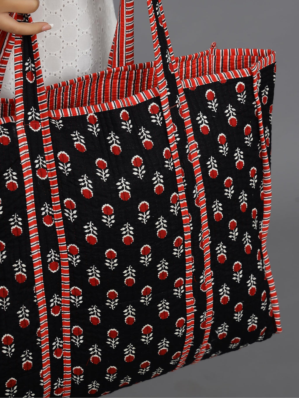 Ravaiyaa - Attitude is everything Women & Man Beautiful Printed Cotton Grocery Shopping Bag | Shoulder Bag | Cotton Tote Bag | Travel Tote Bags 18x5.5x16 Inch (Black Red Floral)