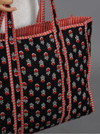 Ravaiyaa - Attitude is everything Women & Man Beautiful Printed Cotton Grocery Shopping Bag | Shoulder Bag | Cotton Tote Bag | Travel Tote Bags 18x5.5x16 Inch (Black Red Floral)