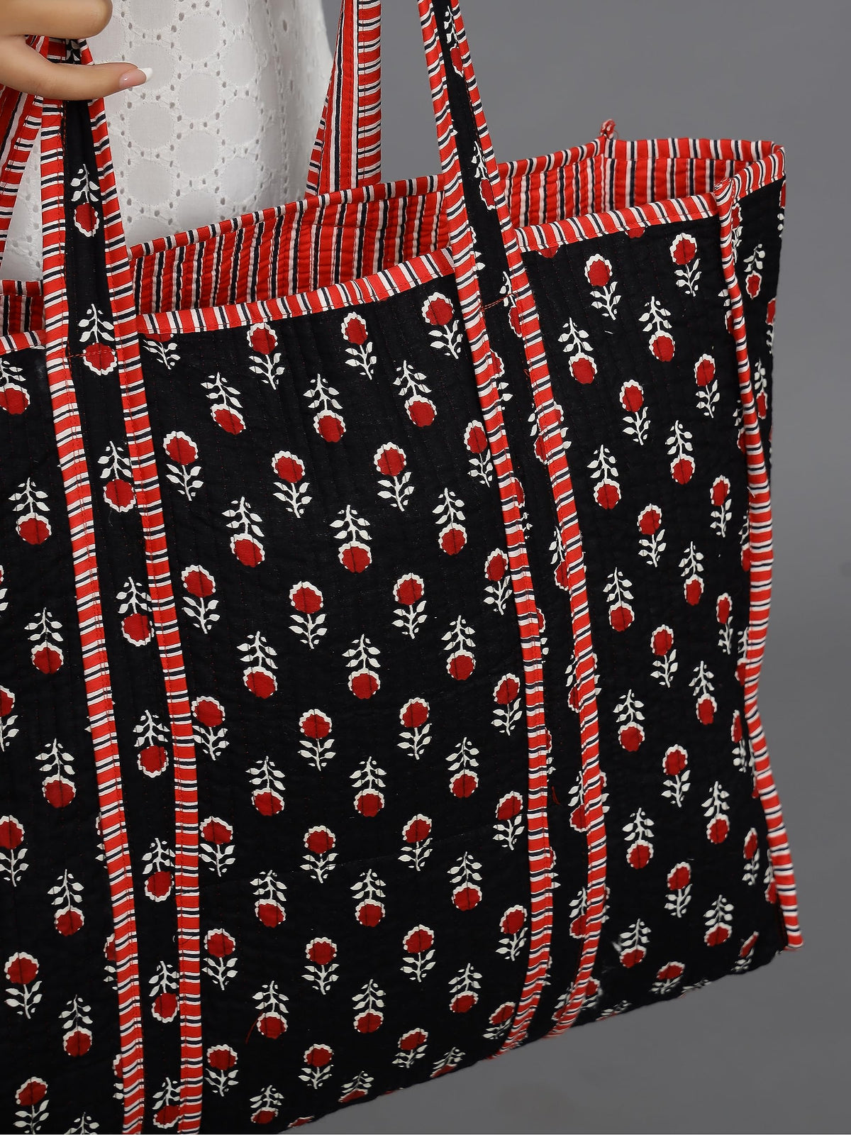 Ravaiyaa - Attitude is everything Women & Man Beautiful Printed Cotton Grocery Shopping Bag | Shoulder Bag | Cotton Tote Bag | Travel Tote Bags 18x5.5x16 Inch (Black Red Floral)