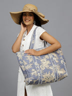 Ravaiyaa - Attitude is everything Women & Man Beautiful Printed Cotton Grocery Shopping Bag | Shoulder Bag | Cotton Tote Bag | Travel Tote Bags 18x5.5x16 Inch (Blue Beige Floral)