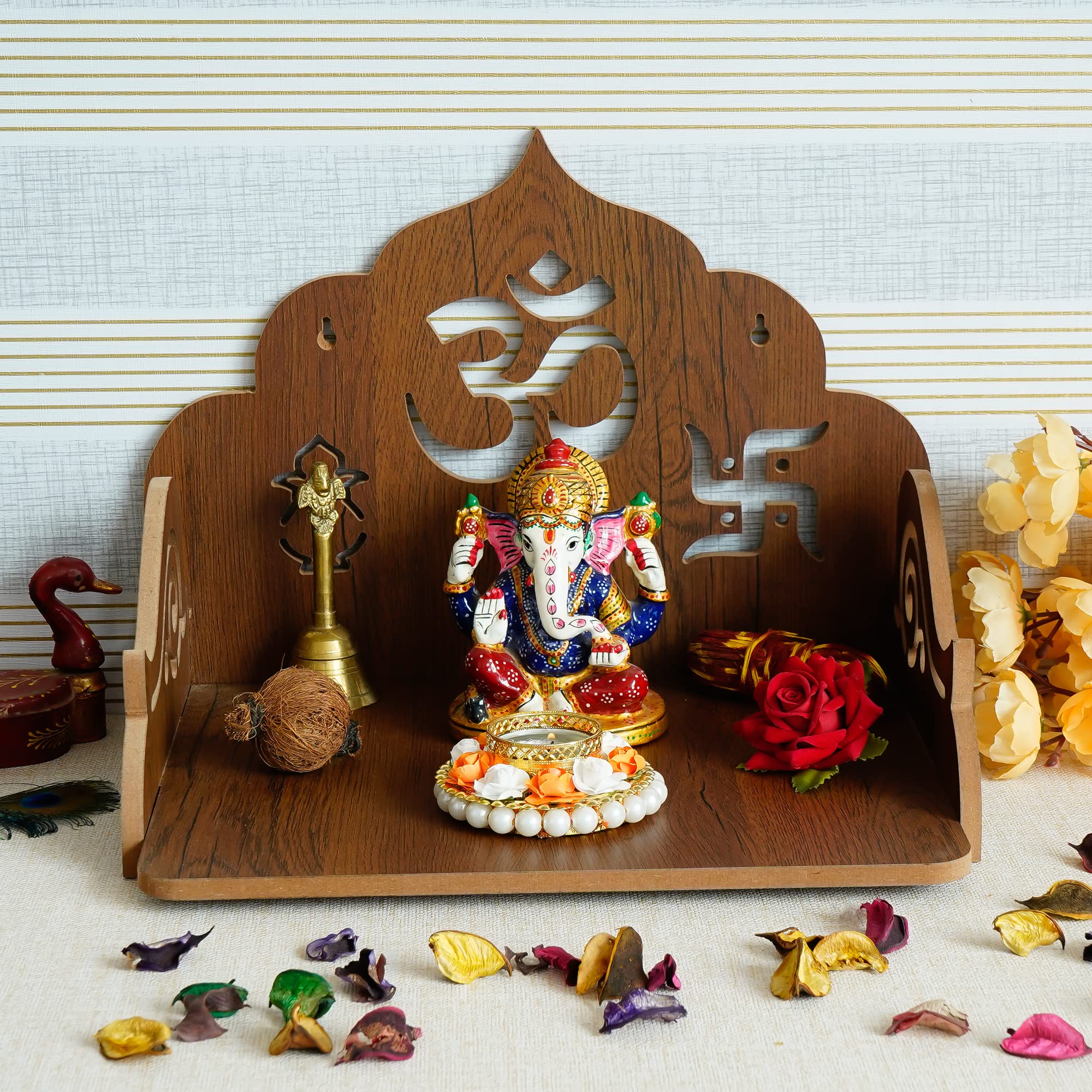 eCraftIndia Om Swastika Kalash Design Wooden Temple for Home Office | Home Temple Pooja Mandir | Small Temple Gift for Diwali Housewarming