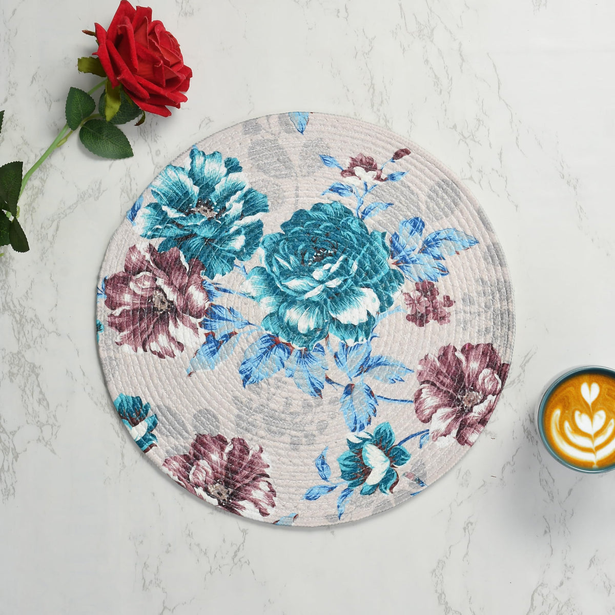 LaVichitra Cotton Table Placemat | Dining Table Mat | Bed Side Table Mat | Cotton Round Shape Placemats | Washable PlaceMat for Shelves & Plant Pots - Pack of 2, Blue Rose Kafalo