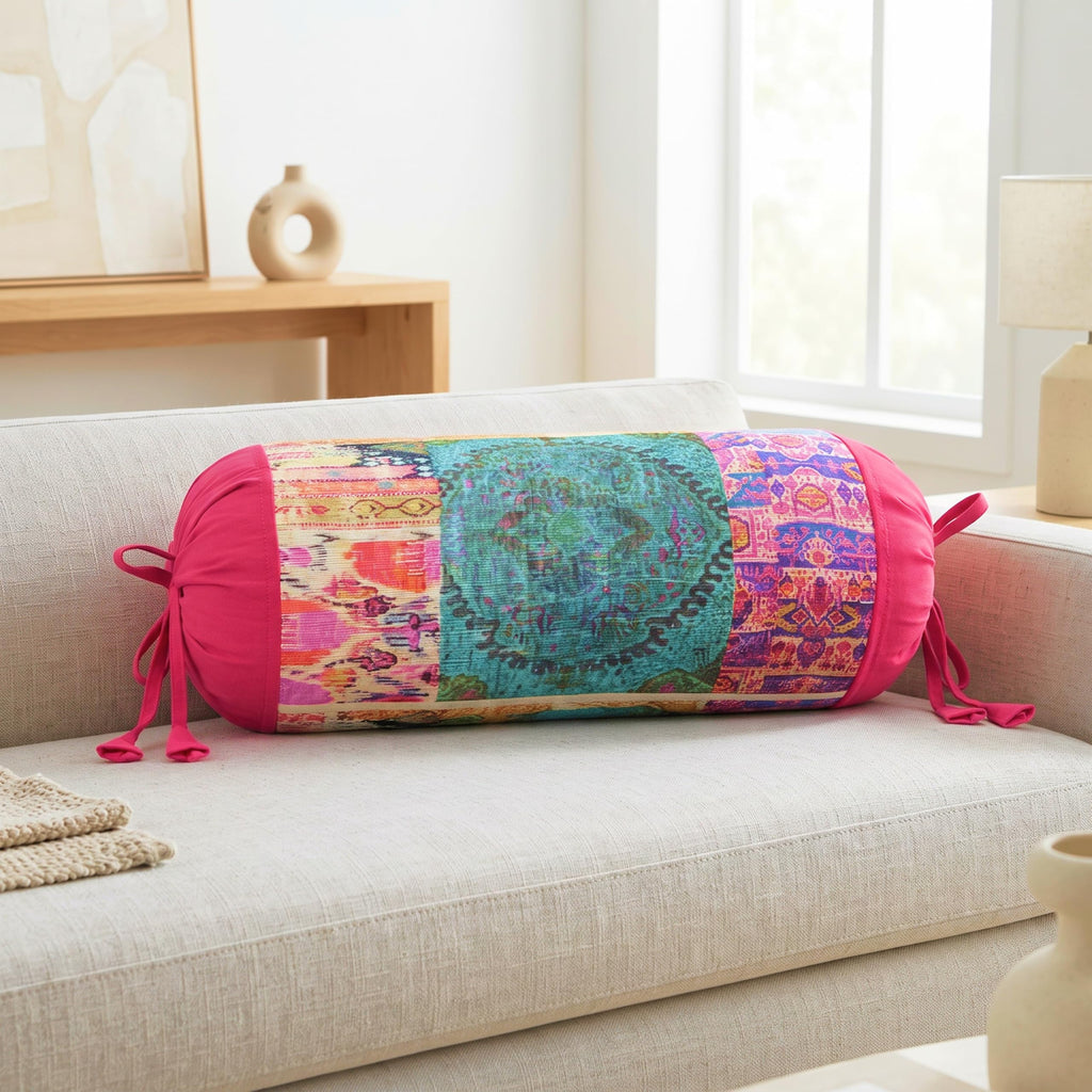 SAJAVAT HOME Printed Multicolour Bolster Cover | 32x15 Inch Round Side Pillow Covers with Adjustable Ties | Stylish Diwan Cushion Covers for Sofa, Bed & Couch Pack of 1
