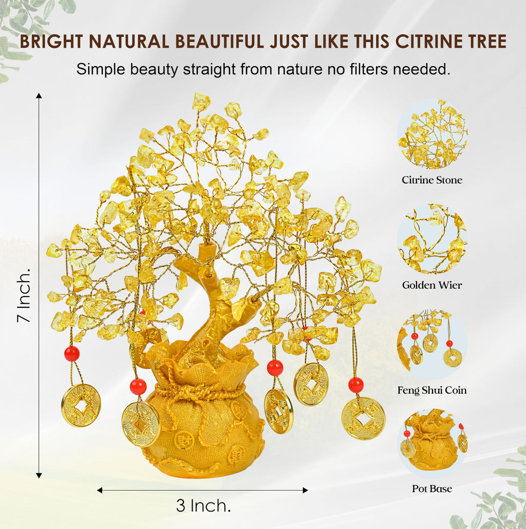 Crocon Citrine Crystal Tree of Life – Feng Shui Money Tree with 6 Coins & Potli Base – Reiki Healing Bonsai Tree for Wealth & Abundance – Crystal Tree for Positive Energy & Home Decor