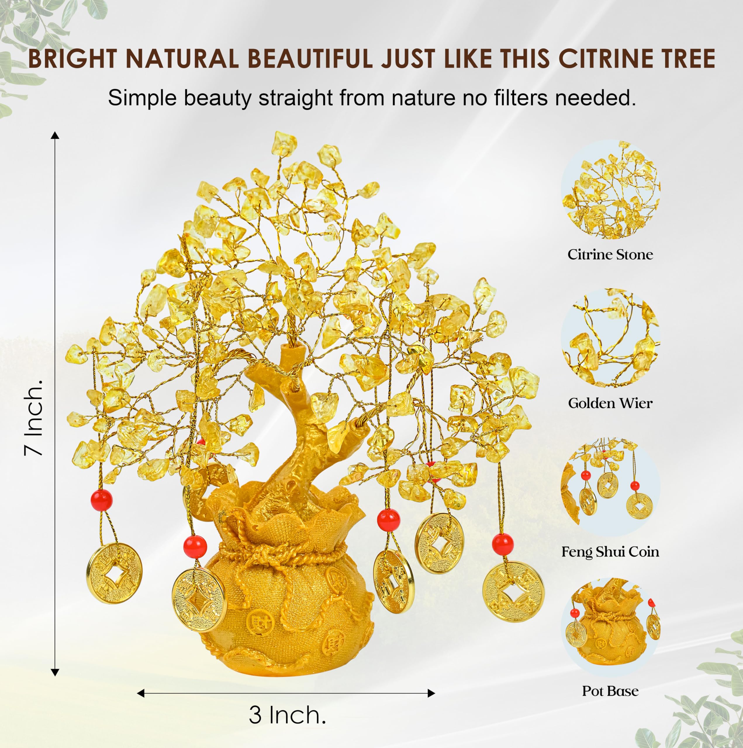 Crocon Citrine Crystal Tree of Life – Feng Shui Money Tree with 6 Coins & Potli Base – Reiki Healing Bonsai Tree for Wealth & Abundance – Crystal Tree for Positive Energy & Home Decor
