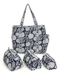 NIKAVIK 1 Tote Bags and 3 Pouch Quilted fabric Handblock Printed Tote Bag(with zip) and bottle compartment with Matching Pouches (Black White)
